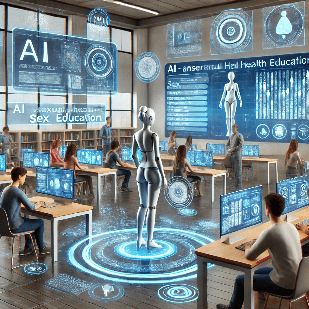 A-futuristic-classroom-where-students-are-engaging-with-AI-powered-virtual-reality-VR-sex-education.-The-scene-includes-holographic-displays-an-AI